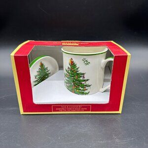 Spode Christmas Tree Mug Coaster Lid Set 12oz Ceramic Holiday Gift Ceramic